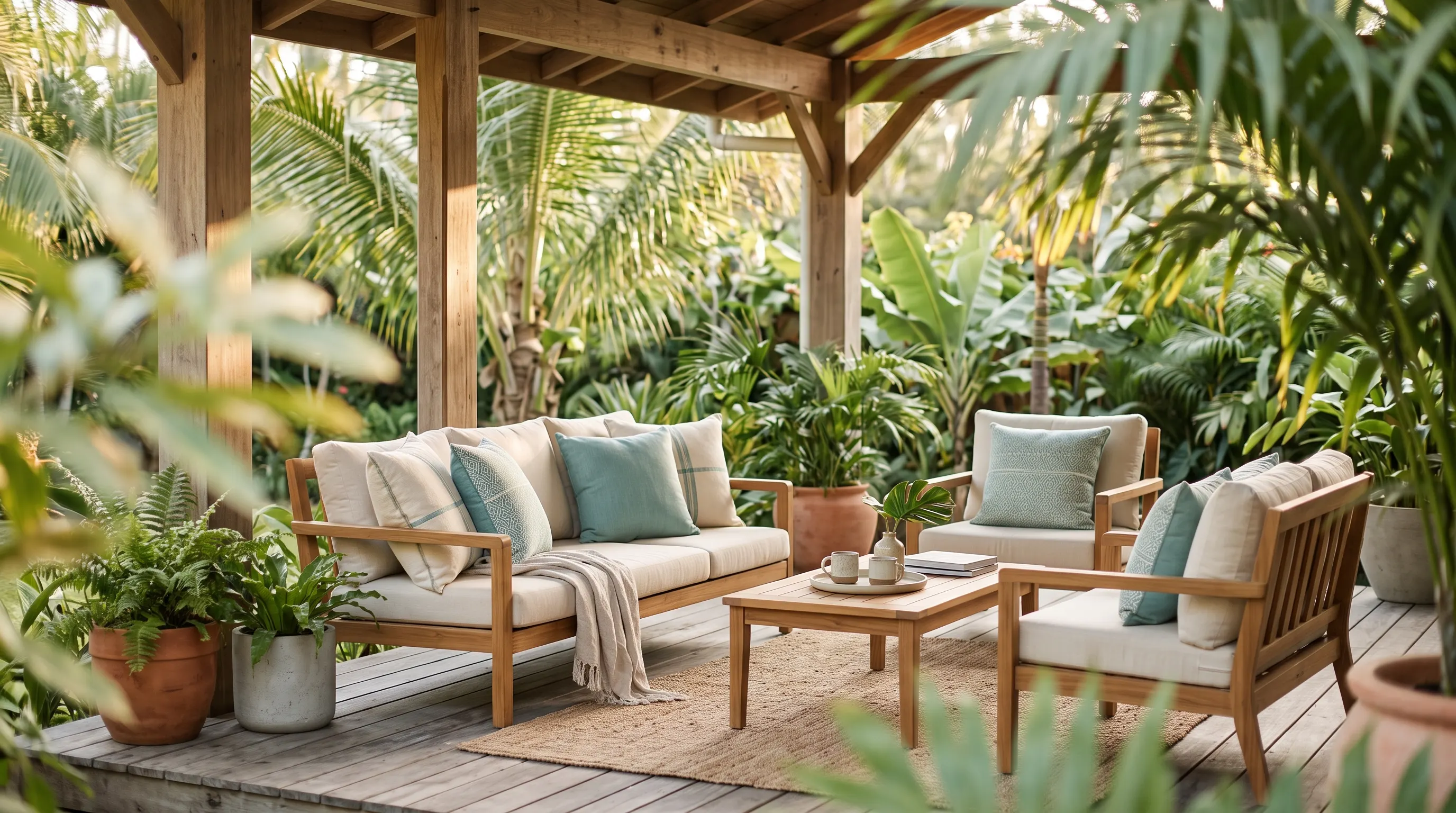 Terraza tropical con muebles de madera rodeada de jardín